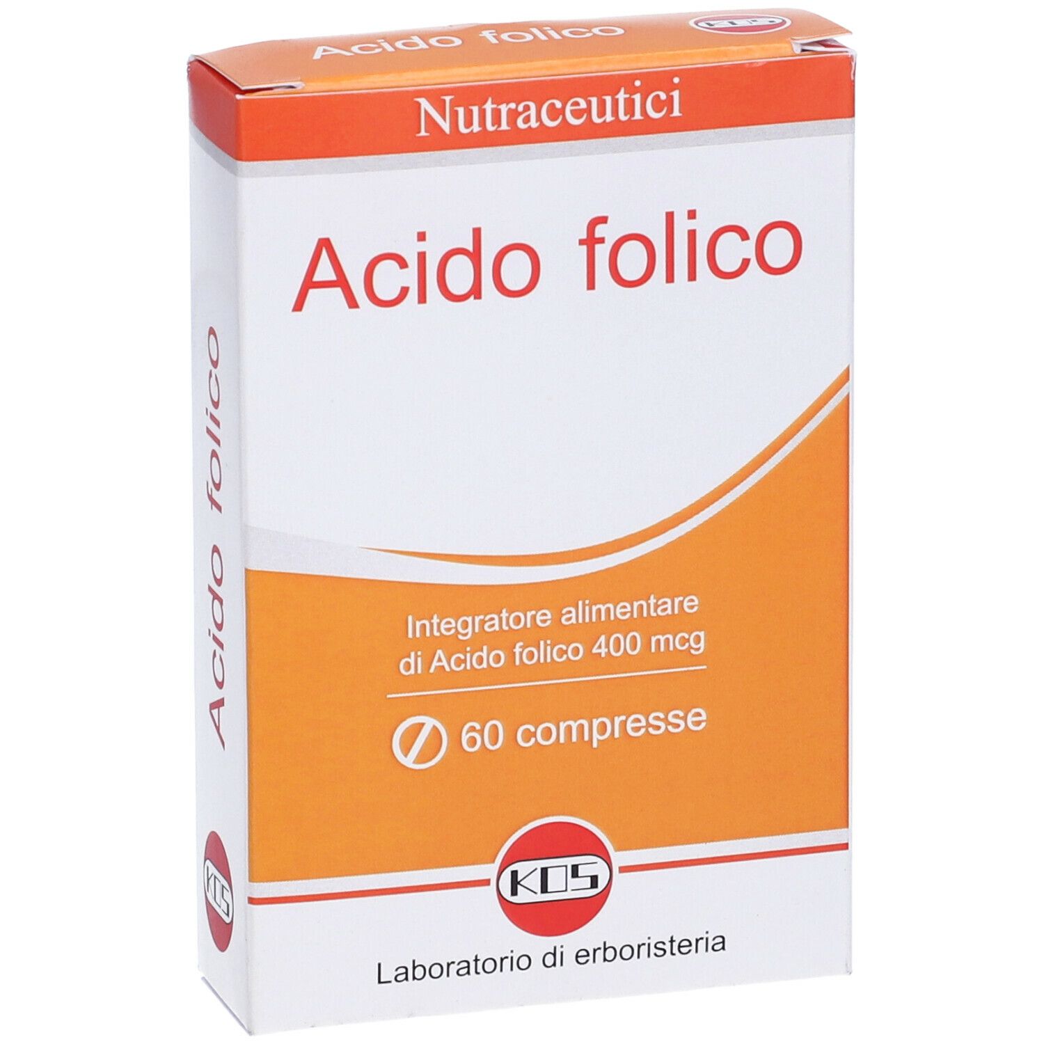Schachtel mit "Acido folico"-Tabletten. Orange-weiße Verpackung mit Text und Logo. 60 Tabletten.