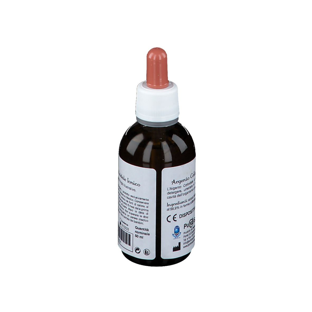 Flacone di vetro marrone con contagocce. Etichetta con informazioni sul prodotto. Tappo bianco, contagocce rosa. Sfondo bianco.