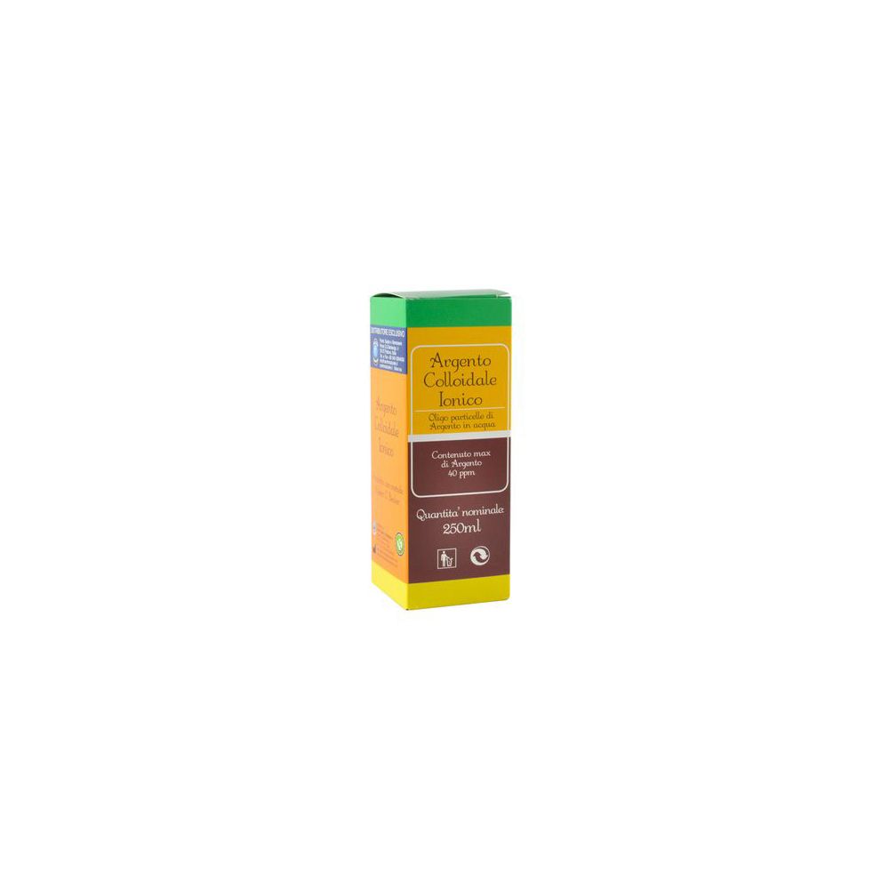 Confezione in cartone con nome del prodotto. Scritta: Argento Colloidale Ionico. Contenuto: 250 ml.
