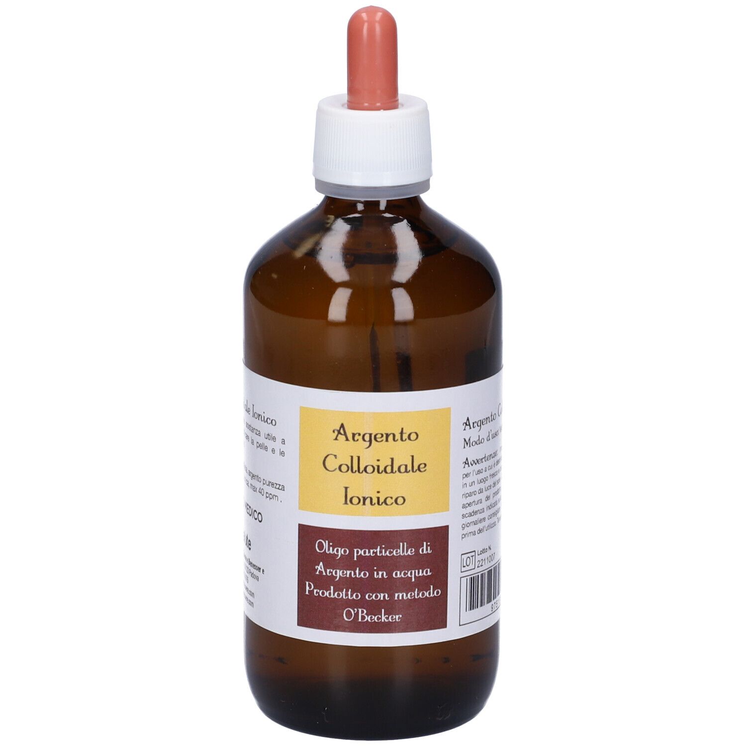 Flacone in vetro marrone con pipetta. Scritta: Argento Colloidale Ionico. Prodotto con metodo O'Becker.