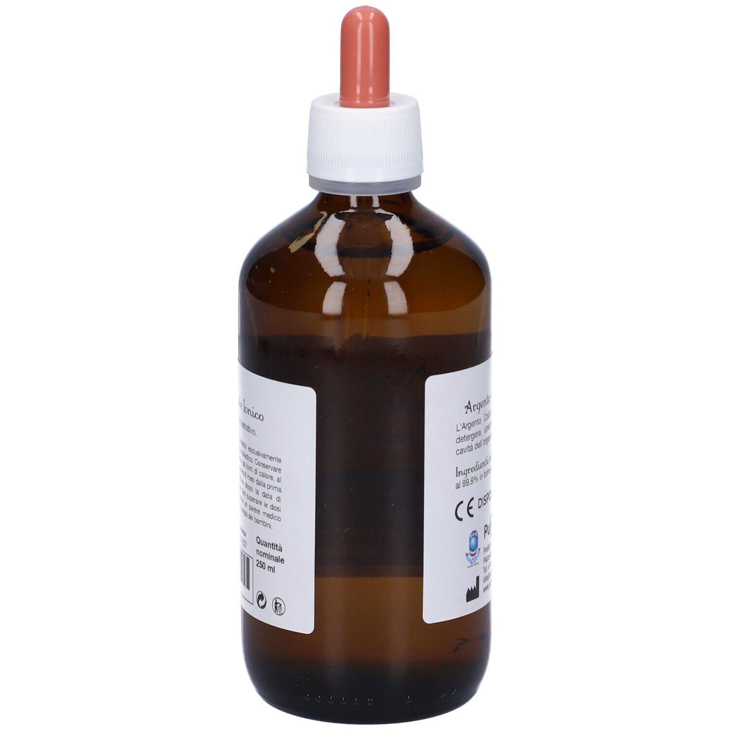 Flacone in vetro marrone con pipetta. Scritta: Argento Colloidale Ionico. Contenuto: 250 ml.
