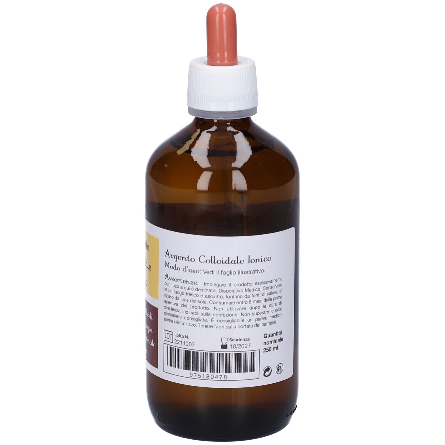 Flacone in vetro marrone con pipetta. Scritta: Argento Colloidale Ionico. Contenuto: 250 ml.