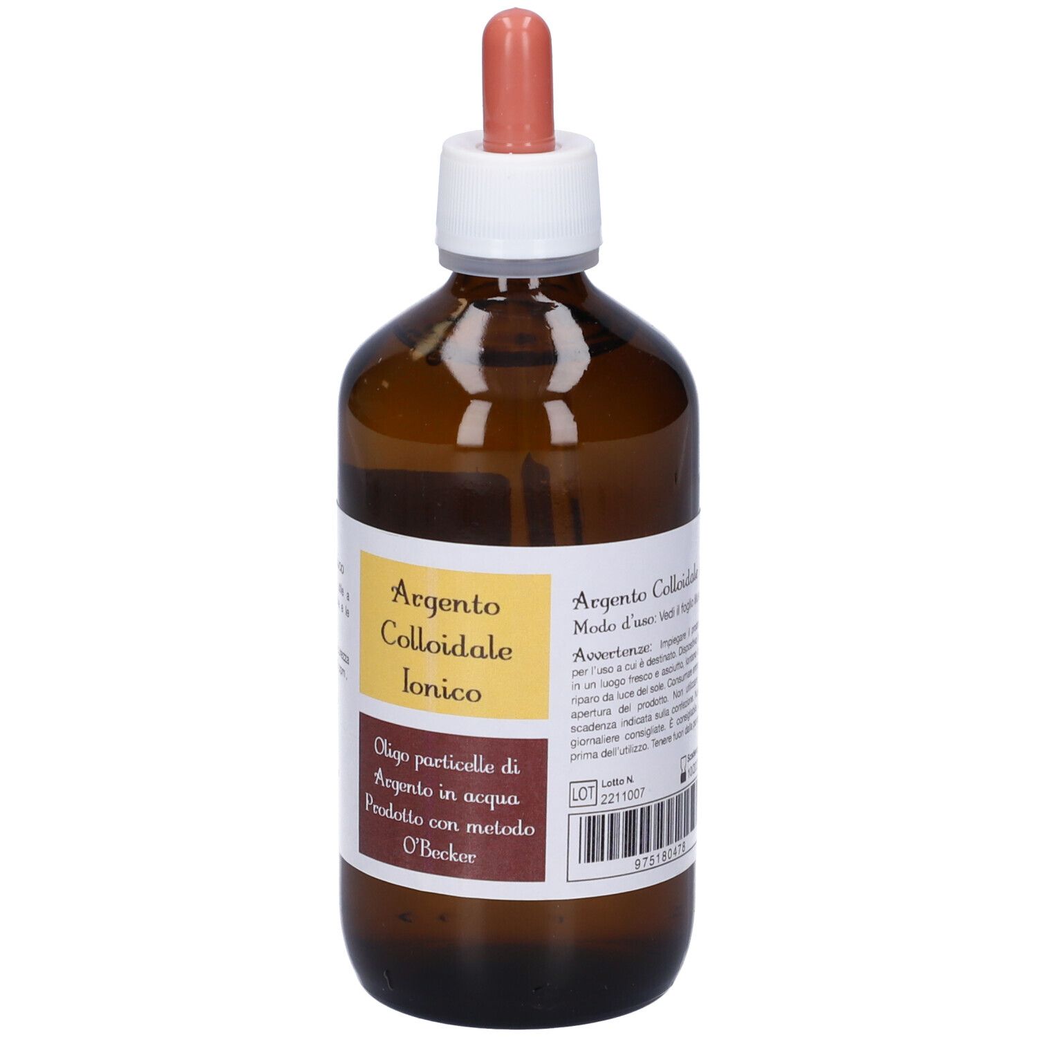 Flacone in vetro marrone con pipetta. Scritta: Argento Colloidale Ionico. Contenuto: 250 ml.