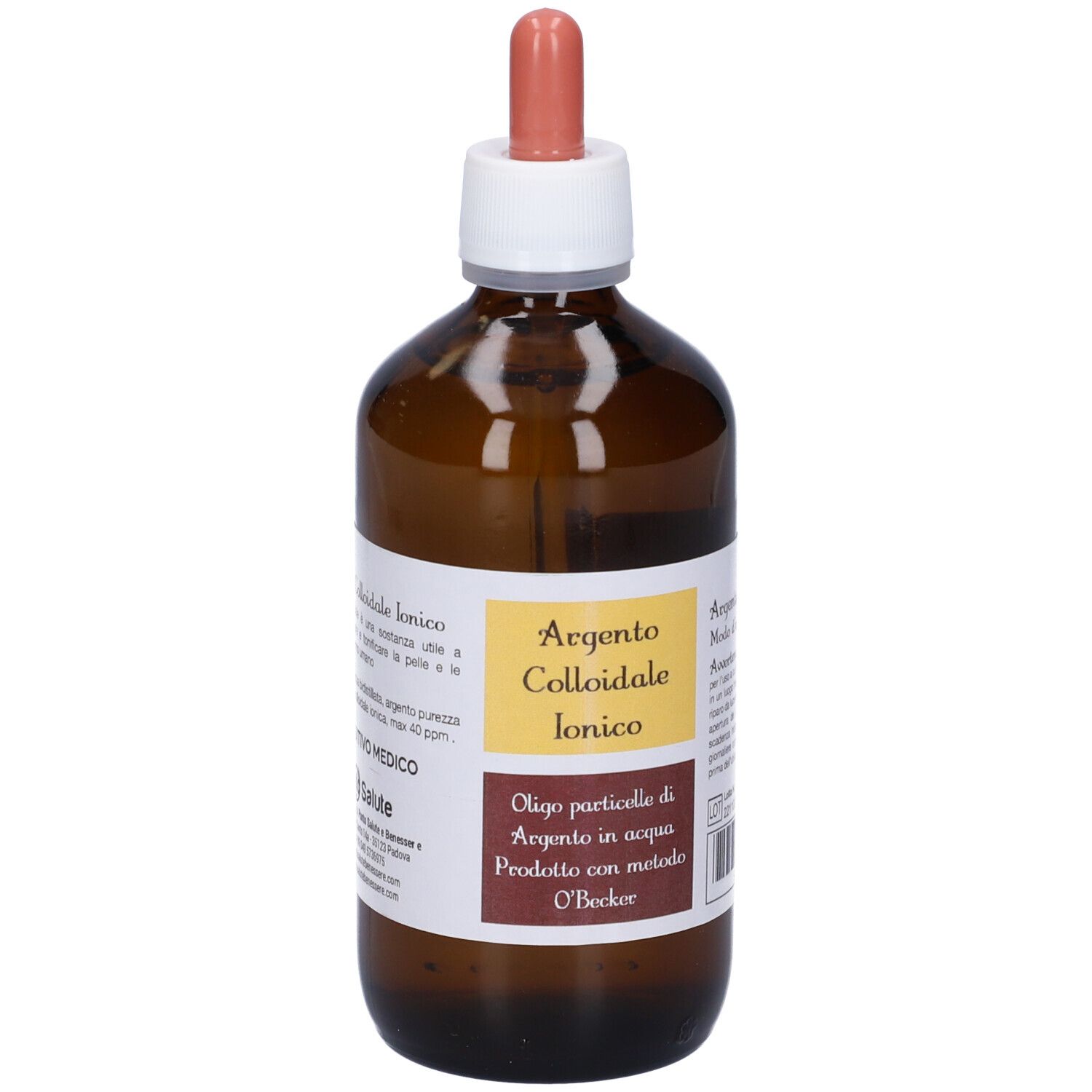 Flacone in vetro marrone con pipetta. Scritta: Argento Colloidale Ionico. Prodotto con metodo O'Becker.