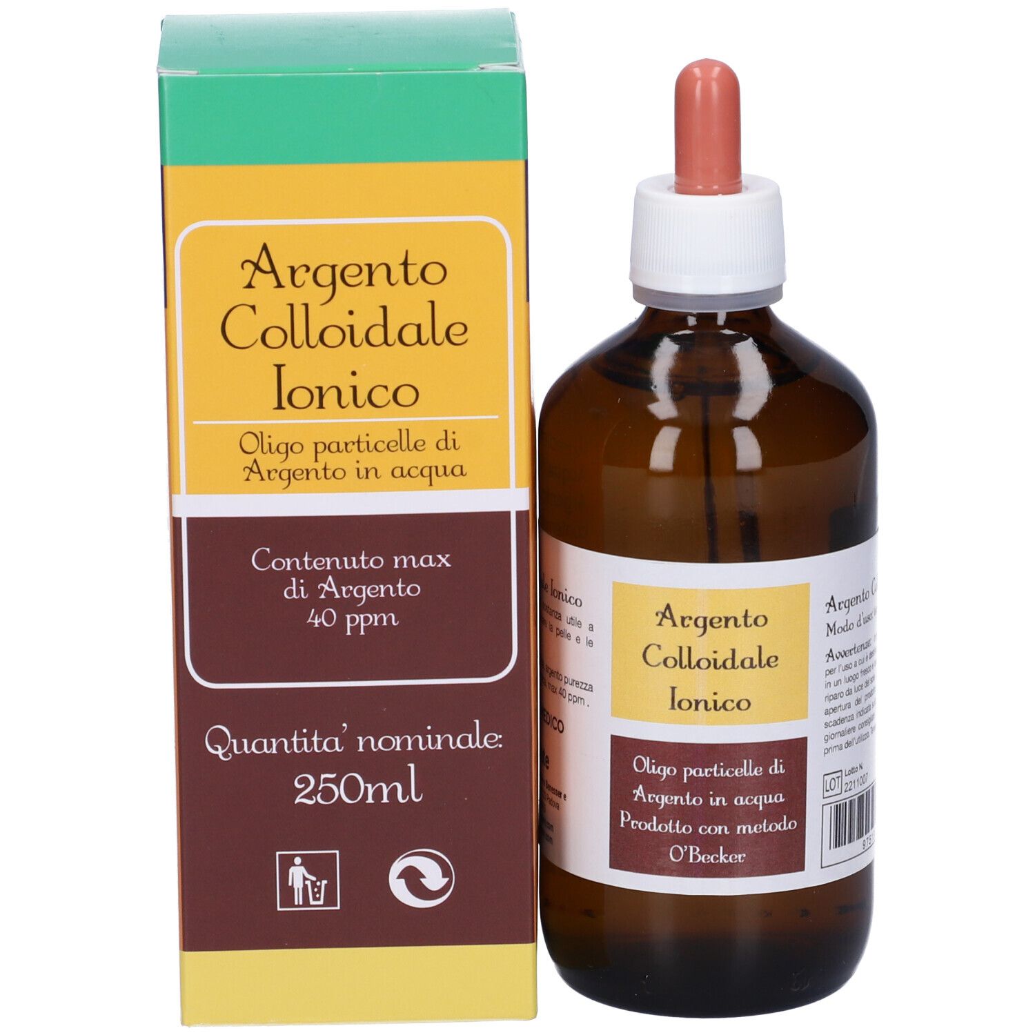 Flacone in vetro marrone e confezione in cartone. Scritta: Argento Colloidale Ionico. Contenuto: 250 ml.