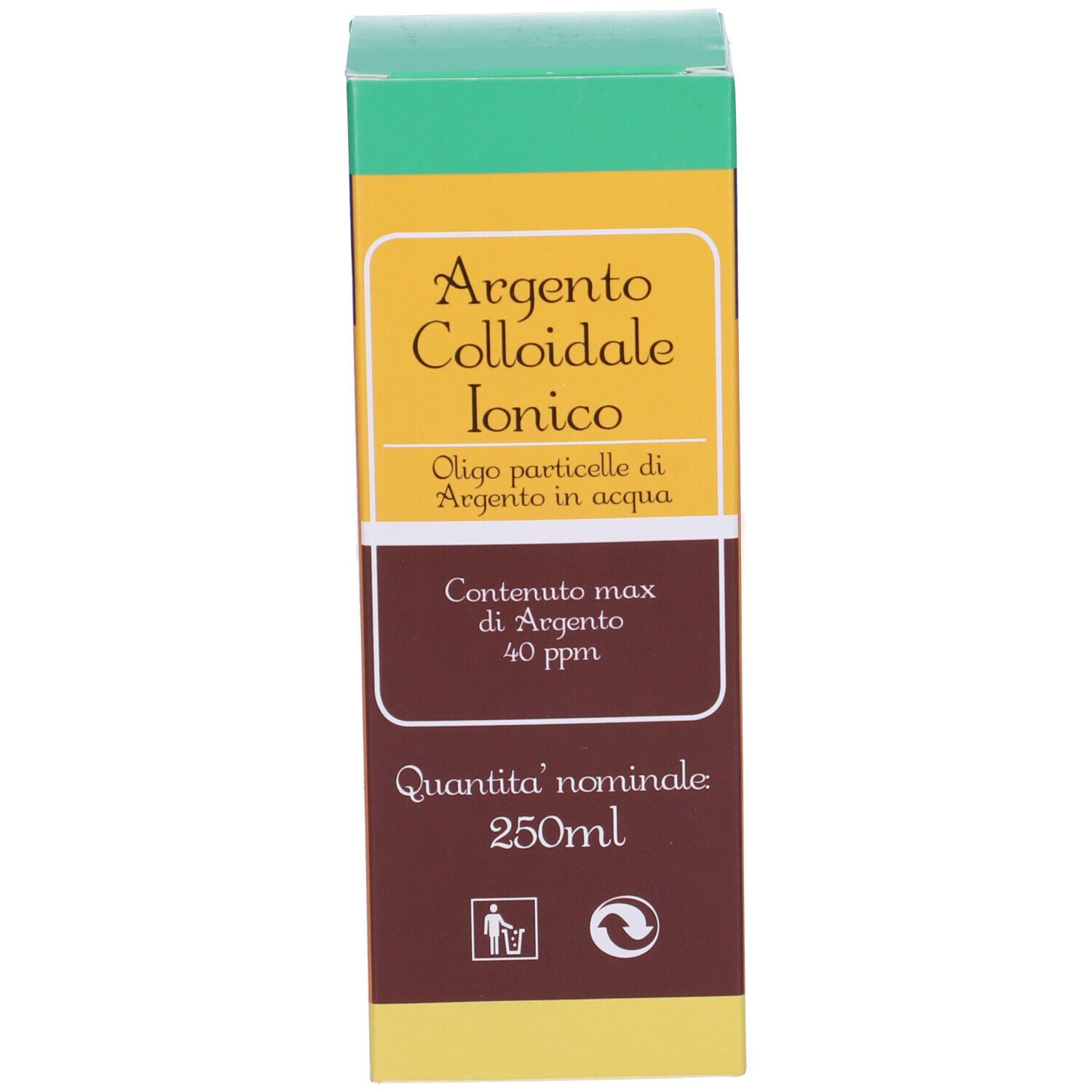 Confezione in cartone. Scritta: Argento Colloidale Ionico. Contenuto: 250 ml.