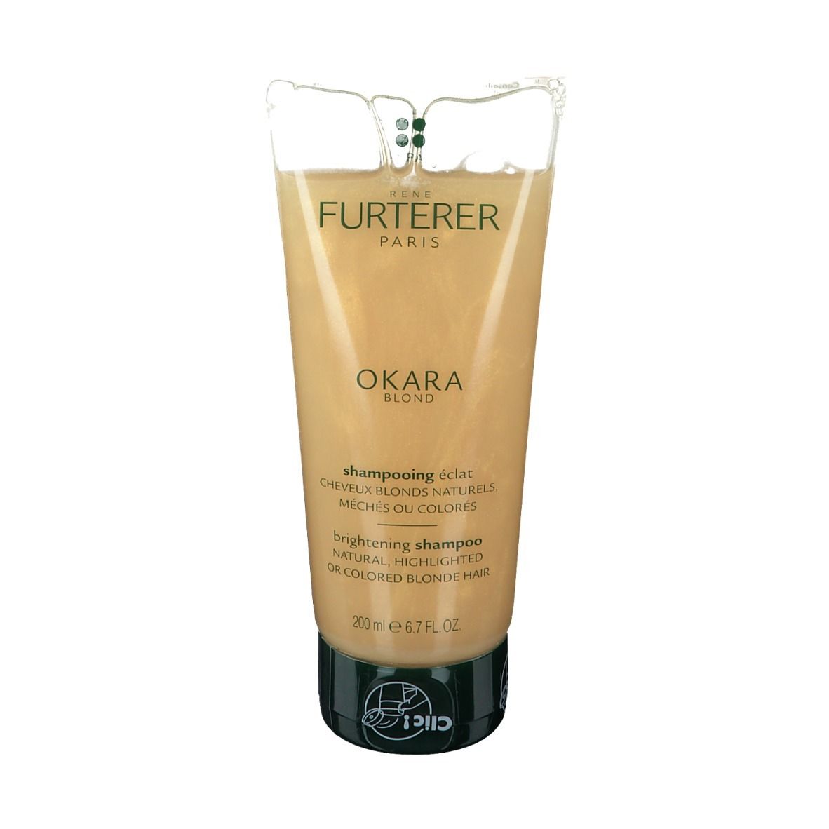 Tube de shampooing, 200ml. Inscription: Rene Furterer Paris, Okara Blond, Shampooing éclat, brightening shampoo.