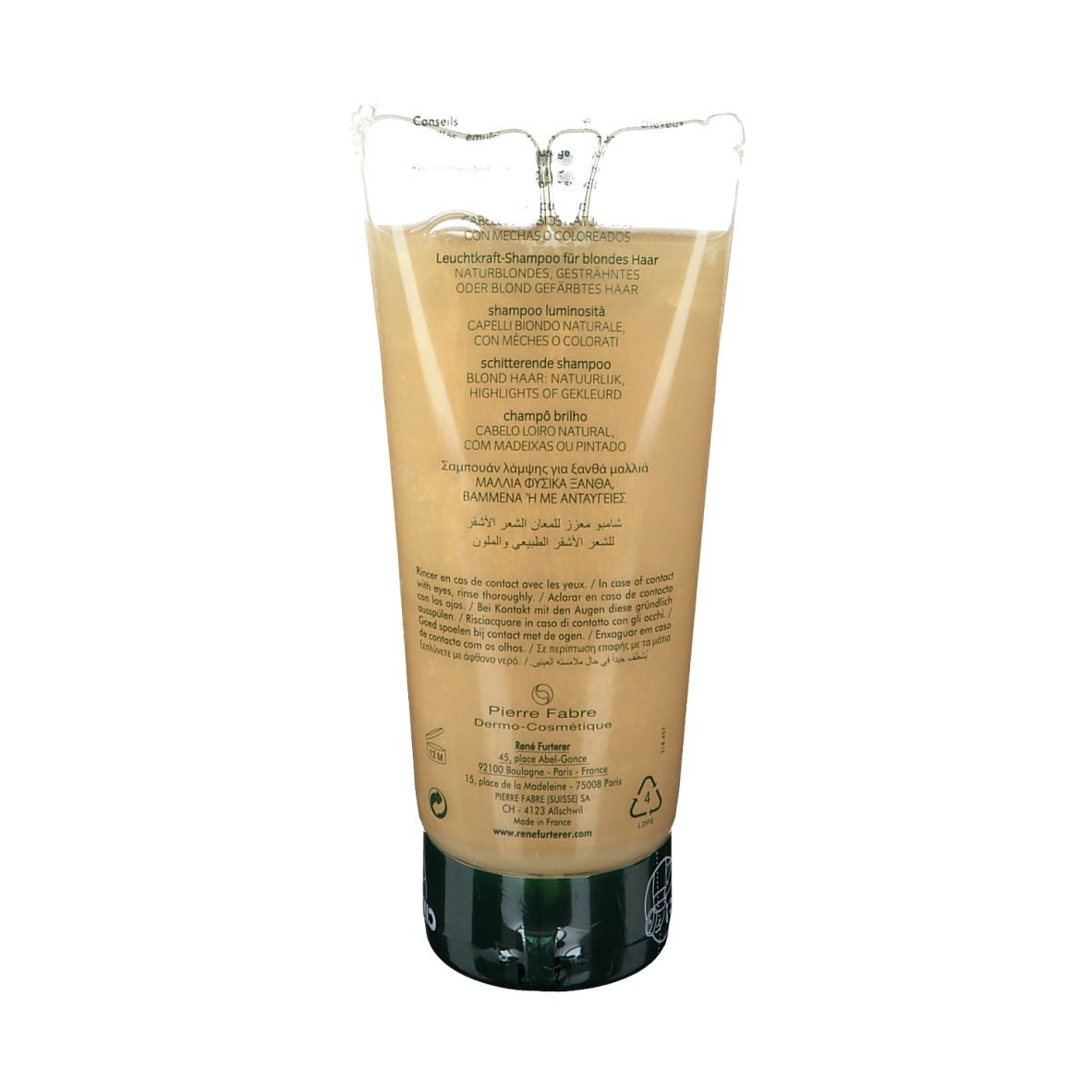 Dos du tube. Texte multilingue. Inscription: Shampooing éclat, brightening shampoo, 200ml.