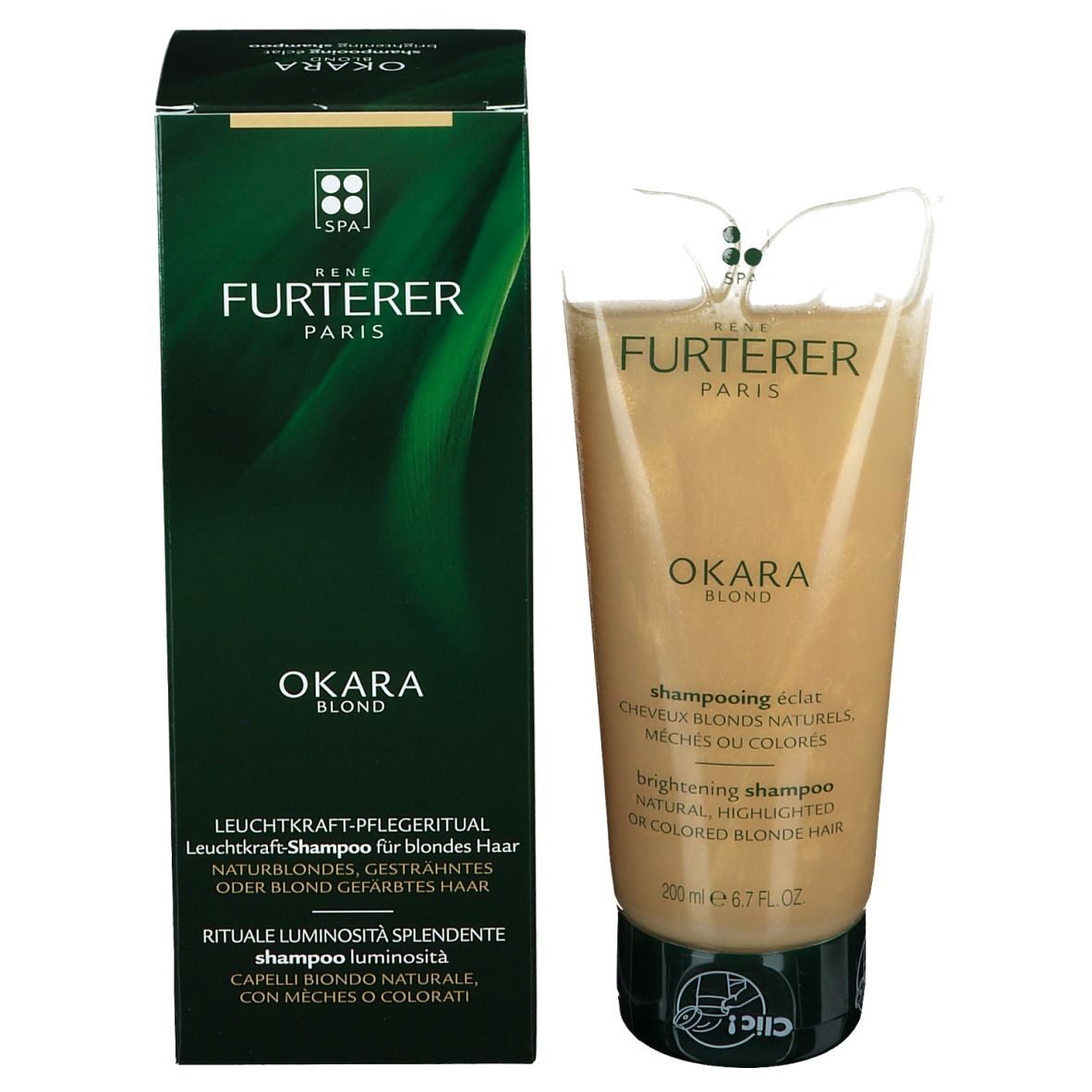 Emballage et tube. Inscription: Rene Furterer Paris, Okara Blond, Shampooing éclat, brightening shampoo.