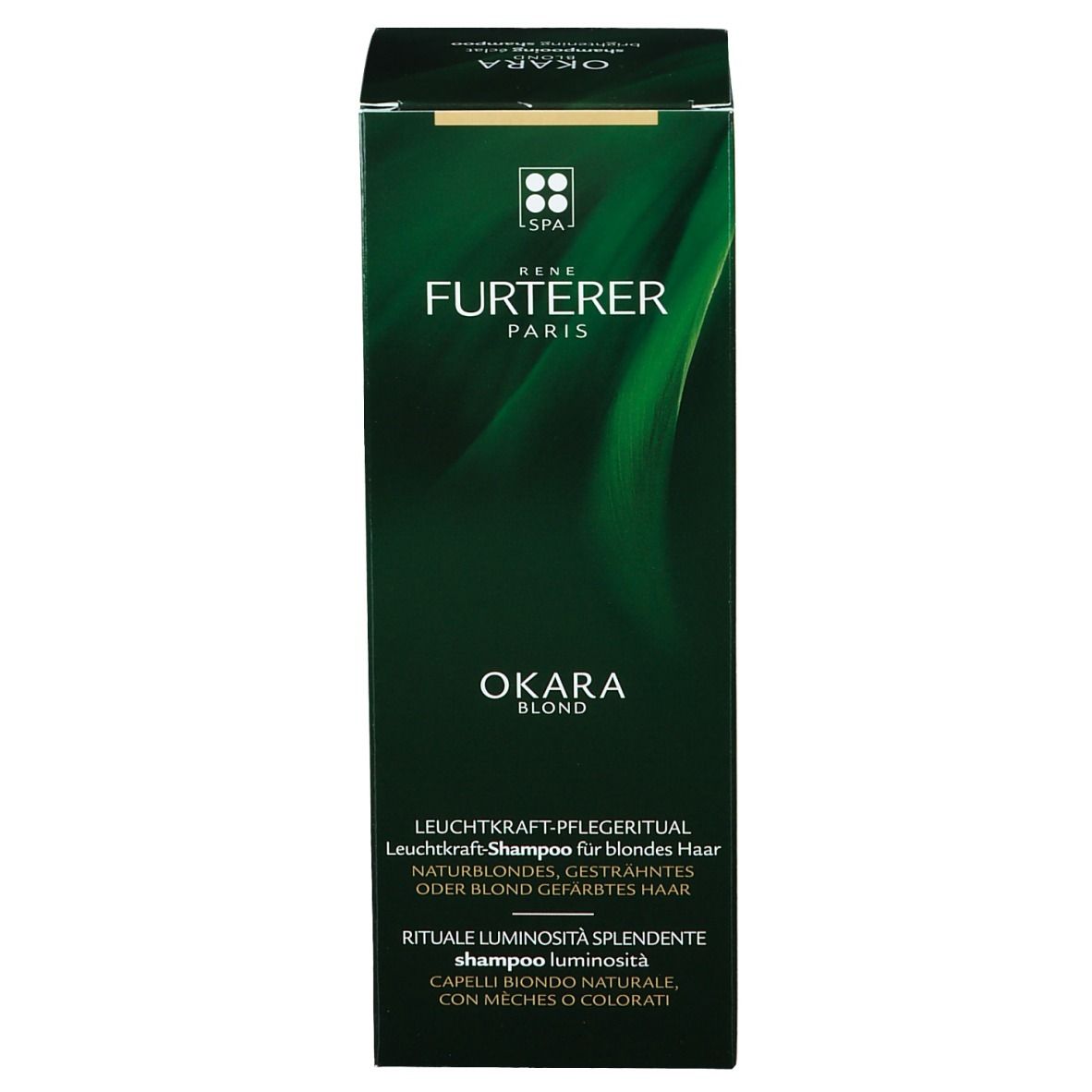 Emballage vert. Inscription: Rene Furterer Paris, Okara Blond, Rituel éclat lumière, Blonde Radiance Ritual.