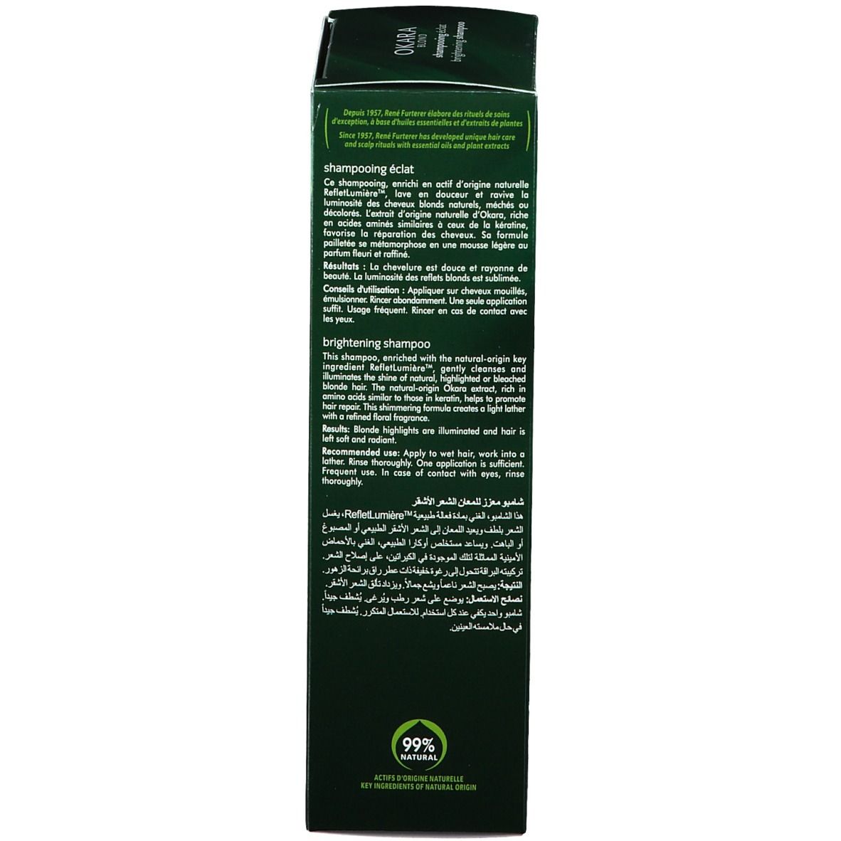 Dos de l'emballage. Texte multilingue. Inscription: Shampooing éclat, brightening shampoo, 99% natural.