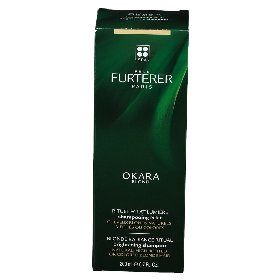 Emballage vert. Inscription: Rene Furterer Paris, Okara Blond, Rituel éclat lumière, Blonde Radiance Ritual, 200 ml.