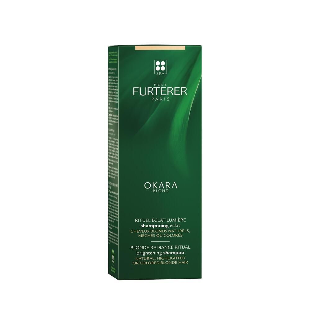 Emballage vert avec texte blanc. Inscription: Rene Furterer Paris, Okara Blond, Blonde Radiance Ritual.