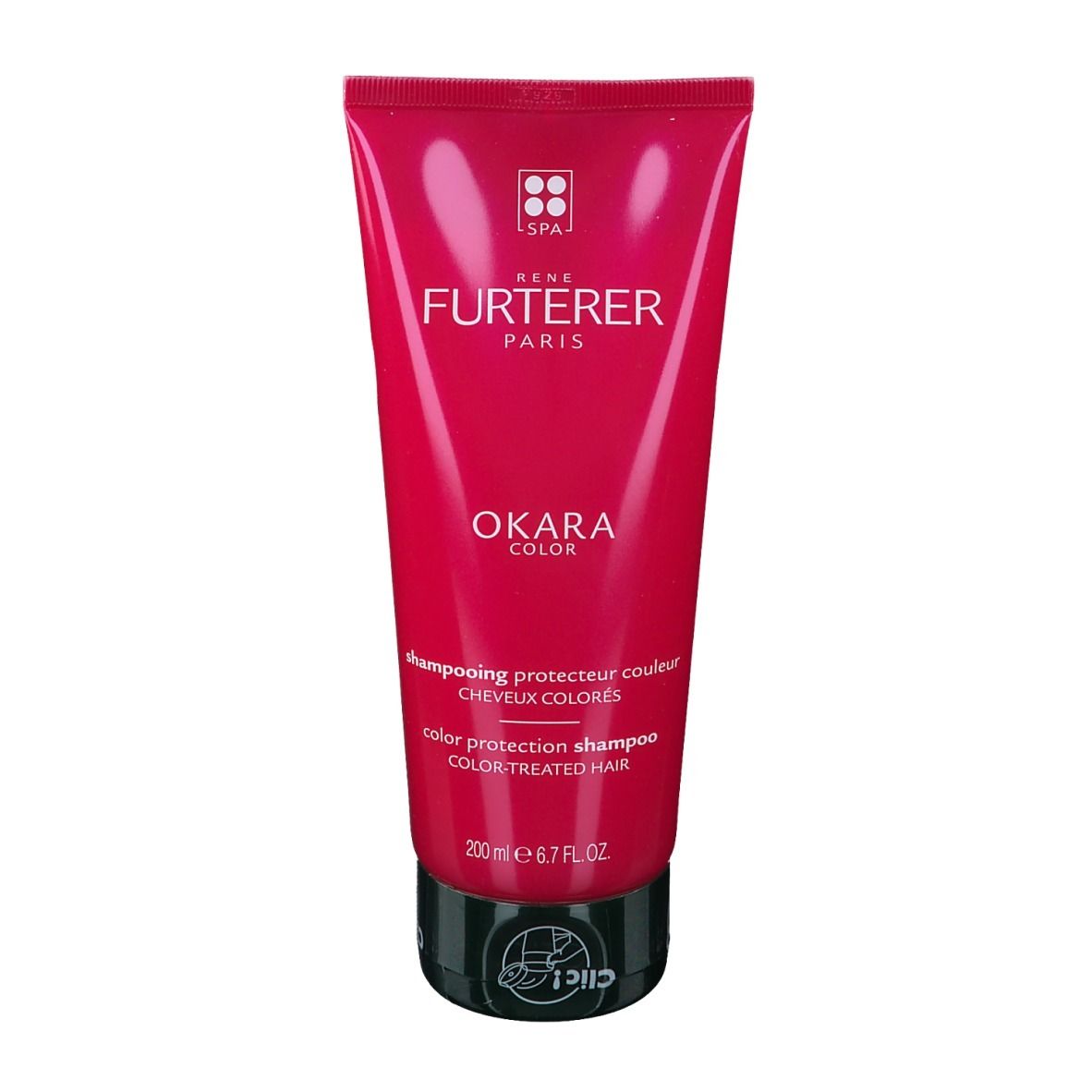 Tube rose, bouchon noir. Inscription: OKARA COLOR, shampooing protecteur couleur. Marque: RENE FURTERER PARIS.