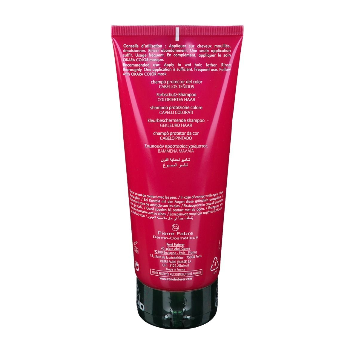 Dos du tube rose. Informations produit multilingues. Inscription: OKARA COLOR, shampooing protecteur couleur.