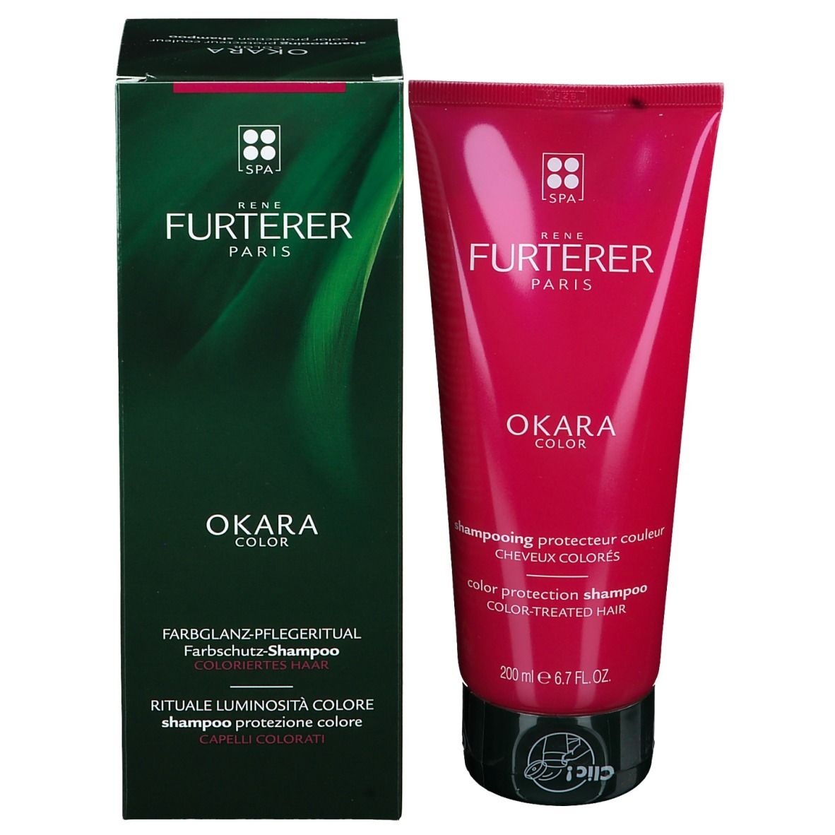 Tube rose et boîte verte côte à côte. Inscription: OKARA COLOR, shampooing protecteur couleur. Marque: RENE FURTERER PARIS.