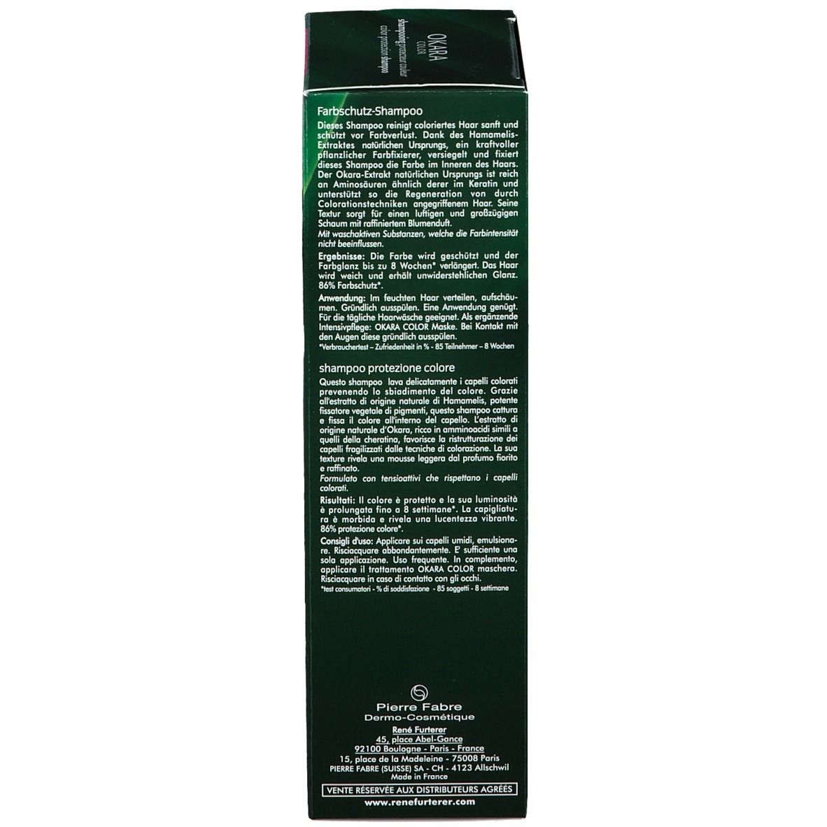 Dos de la boîte verte. Informations produit multilingues. Inscription: OKARA COLOR, shampooing protecteur couleur.