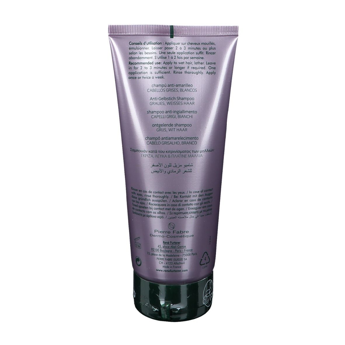 Dos du tube. Texte: Shampooing anti-jaunissement. Instructions d'utilisation.