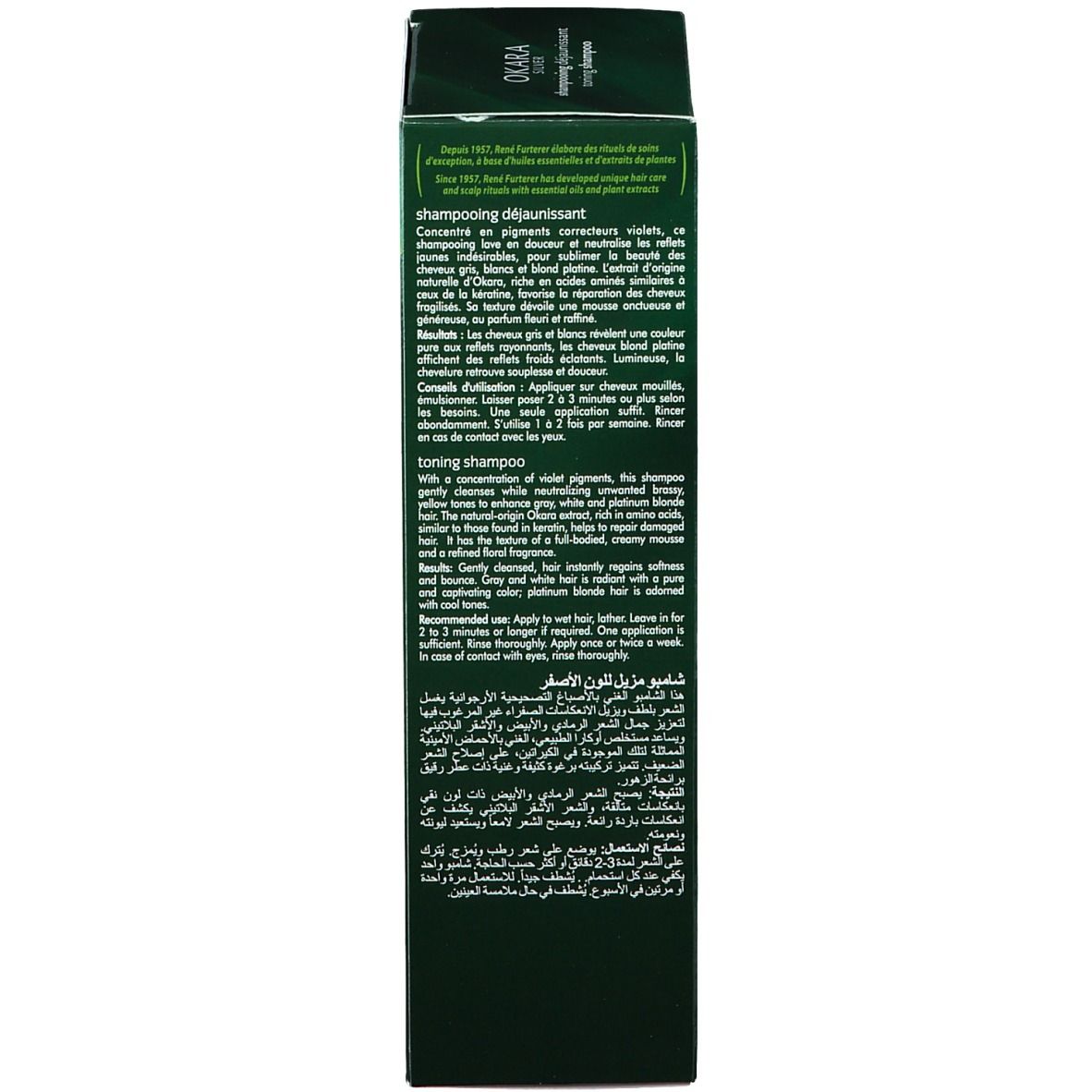 Dos de la boîte. Texte: Shampooing déjaunissant. Instructions d'utilisation.