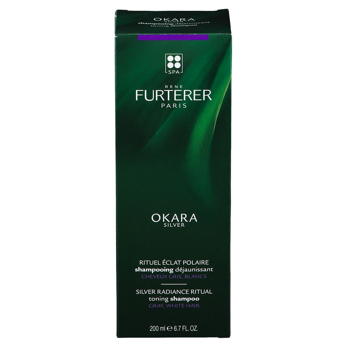 Boîte verte. Inscription: Okara Silver. Texte: Silver Radiance Ritual Toning Shampoo.