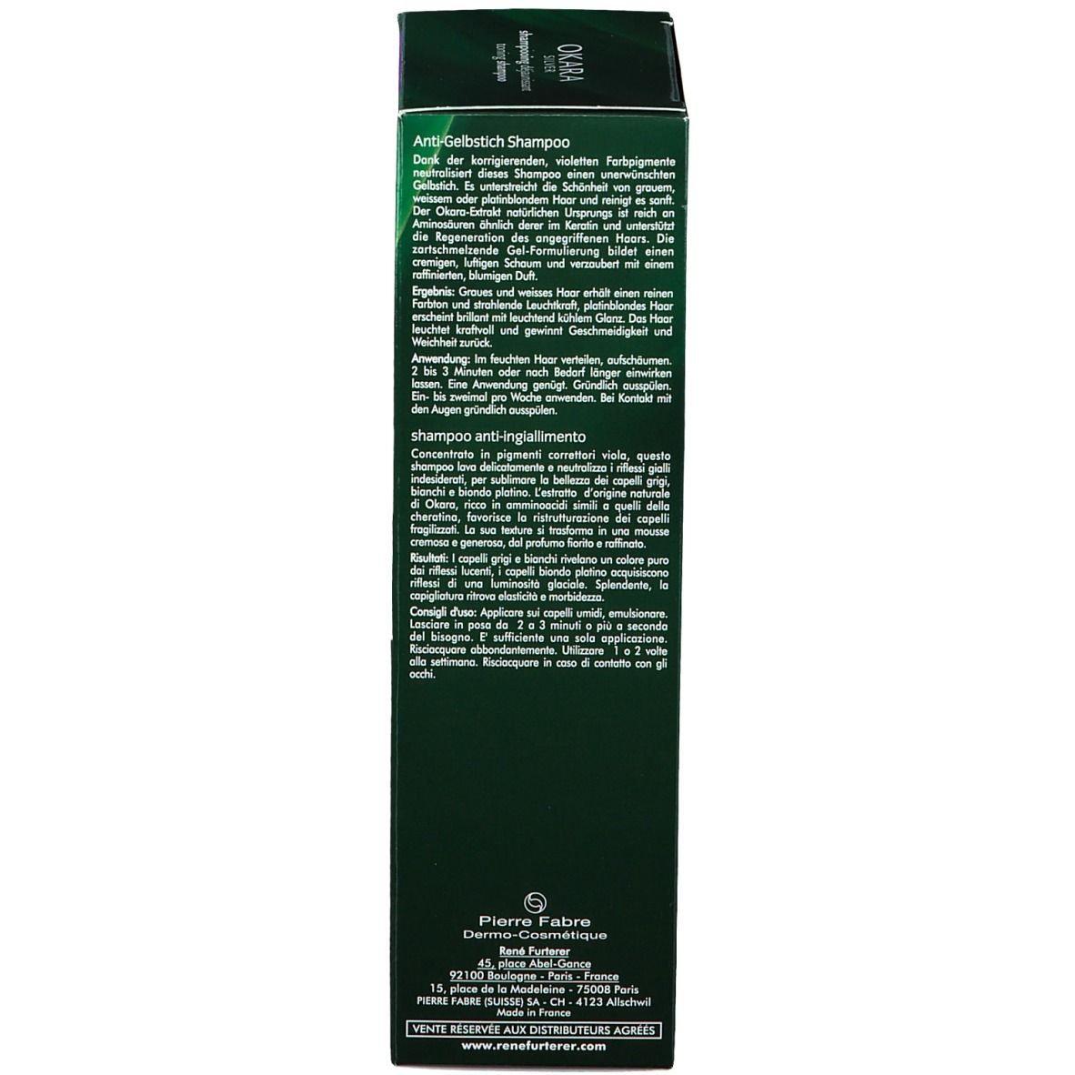 Dos de la boîte. Texte: Shampooing anti-jaunissement. Instructions d'utilisation.