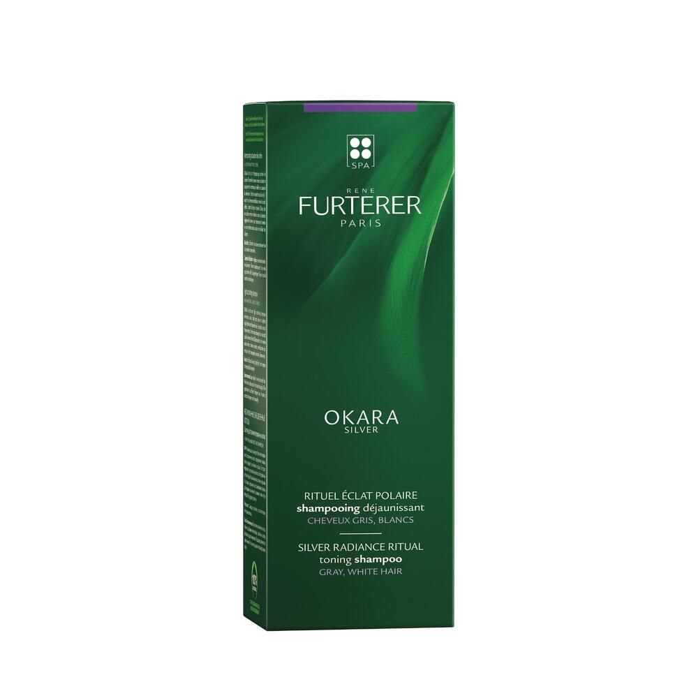 Boîte verte. Inscription: Okara Silver. Texte: Silver Radiance Ritual Toning Shampoo.