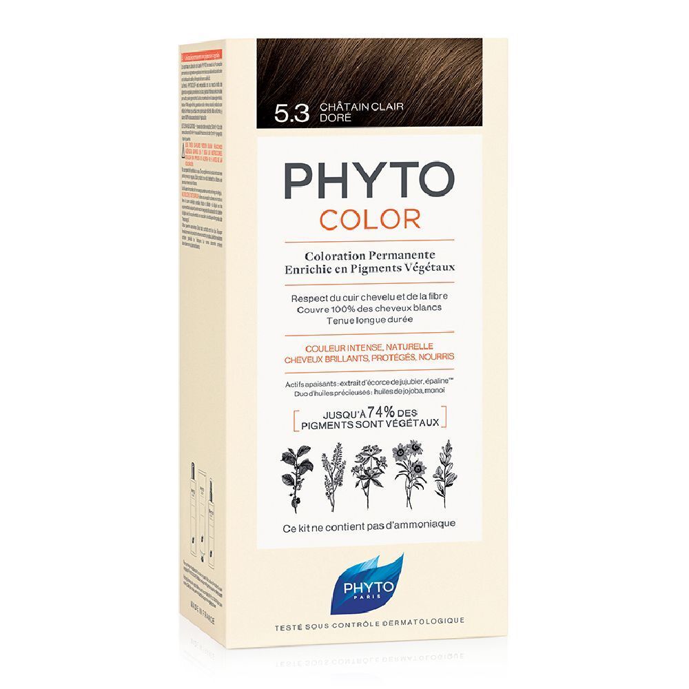 Haarfärbemittel-Verpackung. Aufschrift: PHYTO COLOR, 5.3 Helles Goldbraun. Enthält pflanzliche Pigmente. Dermatologisch getestet.