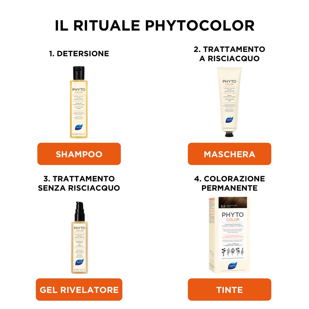 Vier Produkte: Shampoo, Spülung, Gel-Entwickler und Haarfärbemittel. Alle mit dem Logo PHYTO COLOR.