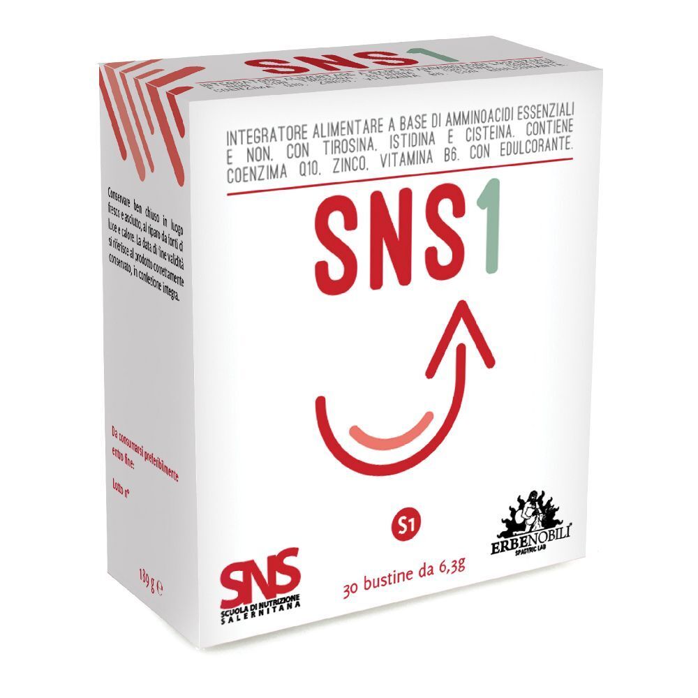 Confezione SNS1. Scatola bianca con scritte rosse e verdi. Contiene 30 bustine da 6,3 g. Marchio: ERBENOBILI.