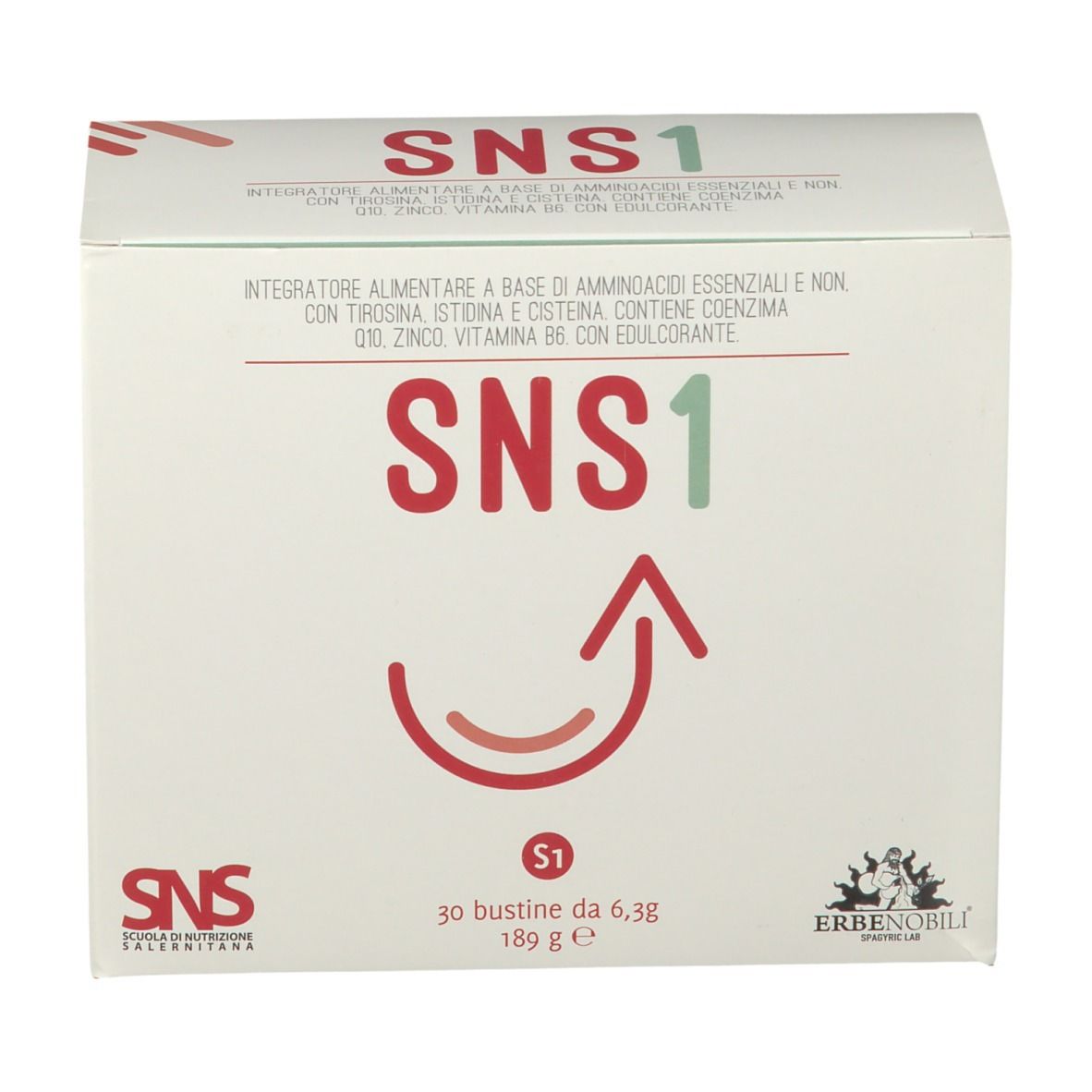 Confezione SNS1. Scatola bianca con scritte rosse e verdi. Contiene 30 bustine da 6,3 g. Marchio: ERBENOBILI.