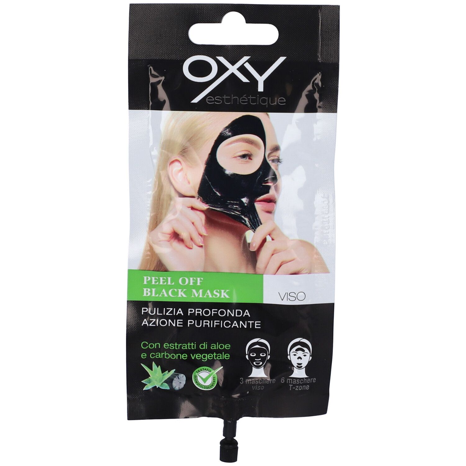 Oxy Esthétique Peel Off Black Maschera Viso. Maschera nera in bustina. Donna con maschera applicata. Testo in italiano.