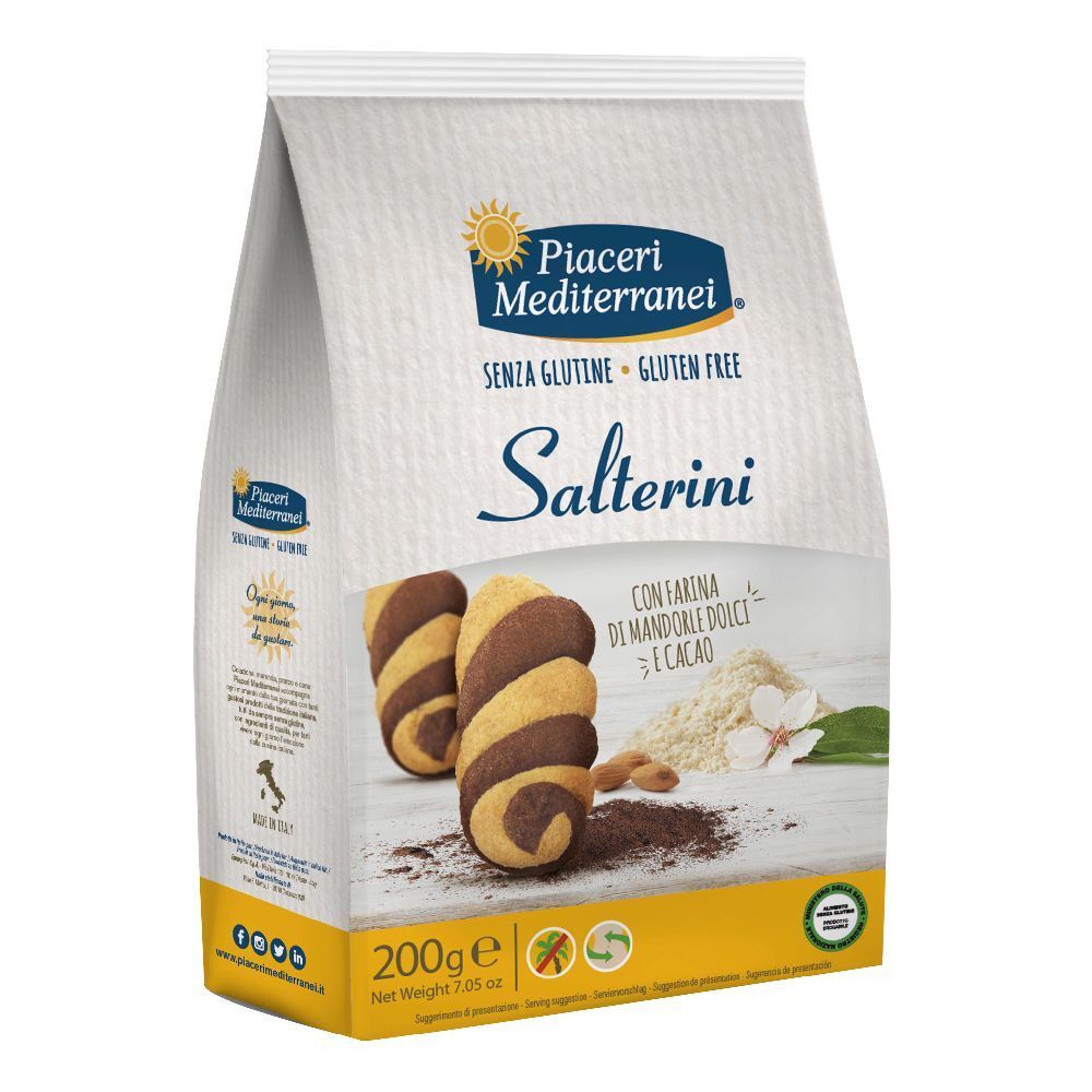 Confezione di Piaceri Mediterranei® Salterini. Senza glutine. Scritto: Salterini, mandorle e cacao. Immagine di due biscotti.