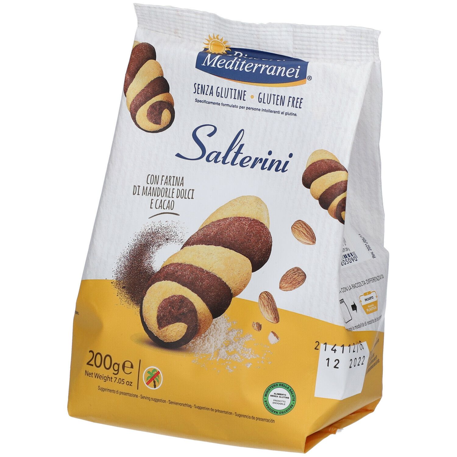 Confezione di Piaceri Mediterranei® Salterini. Senza glutine. Scritto: Salterini, mandorle e cacao. Biscotti e mandorle.