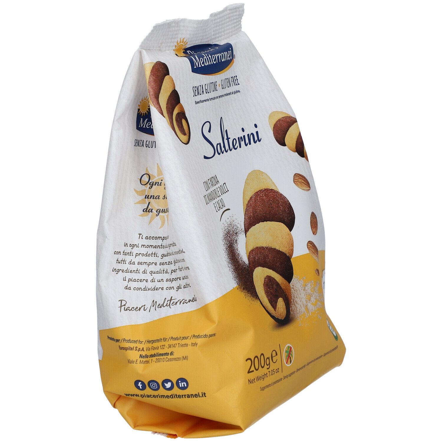 Confezione di Piaceri Mediterranei® Salterini. Senza glutine. Scritto: Salterini, mandorle e cacao. Biscotti e mandorle.