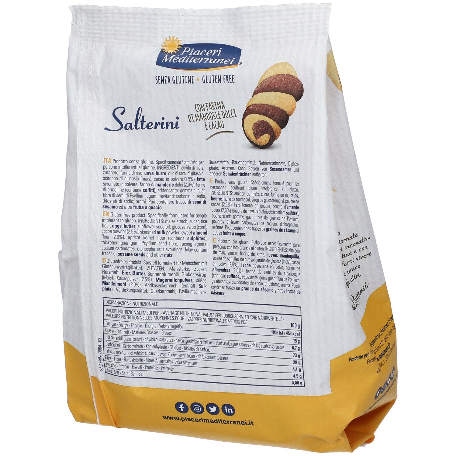 Retro della confezione di Piaceri Mediterranei® Salterini. Senza glutine. Testo e informazioni nutrizionali.