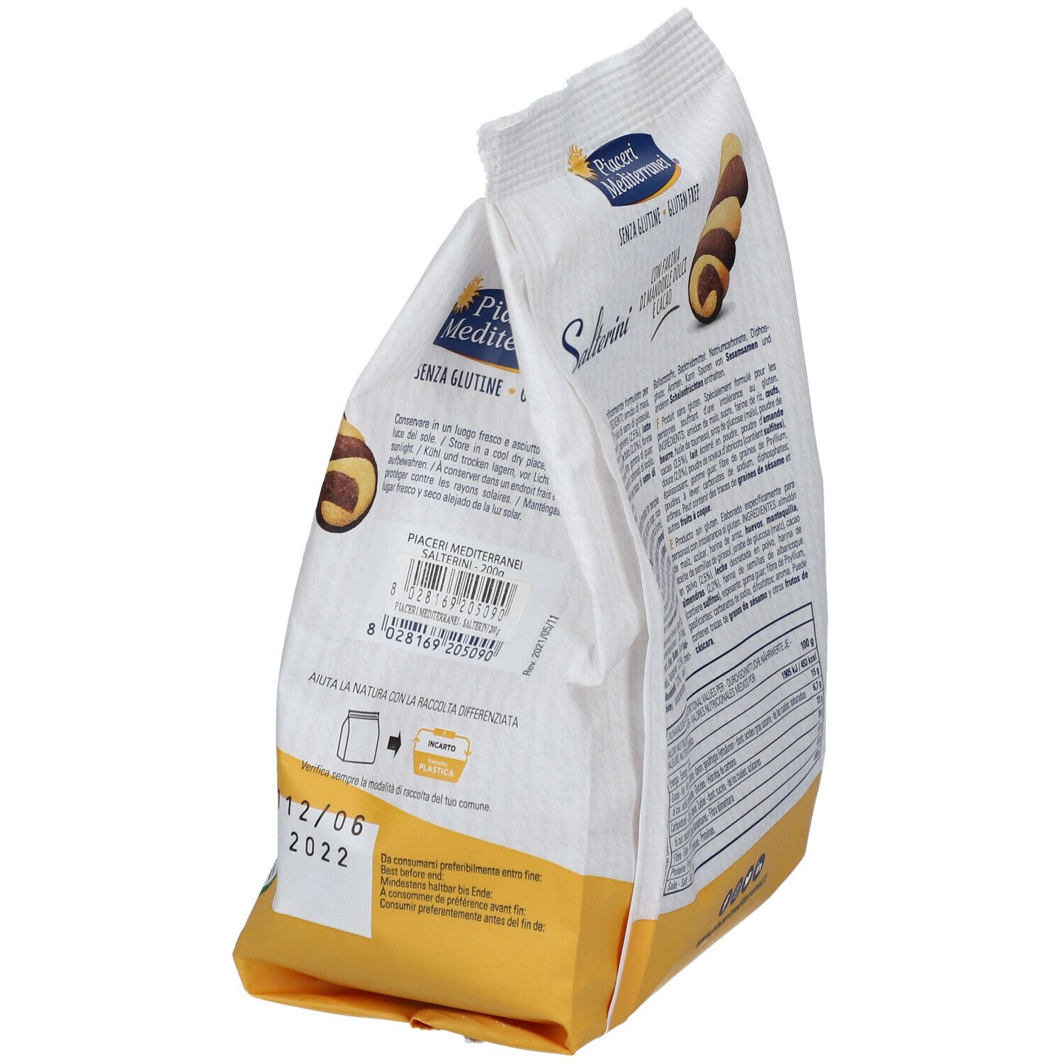 Confezione di Piaceri Mediterranei® Salterini. Senza glutine. Scritto: Salterini, mandorle e cacao. Data di scadenza.