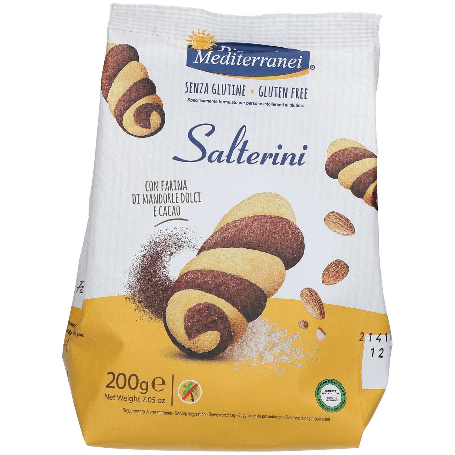 Confezione di Piaceri Mediterranei® Salterini. Senza glutine. Scritto: Salterini, mandorle e cacao. Biscotti e mandorle.