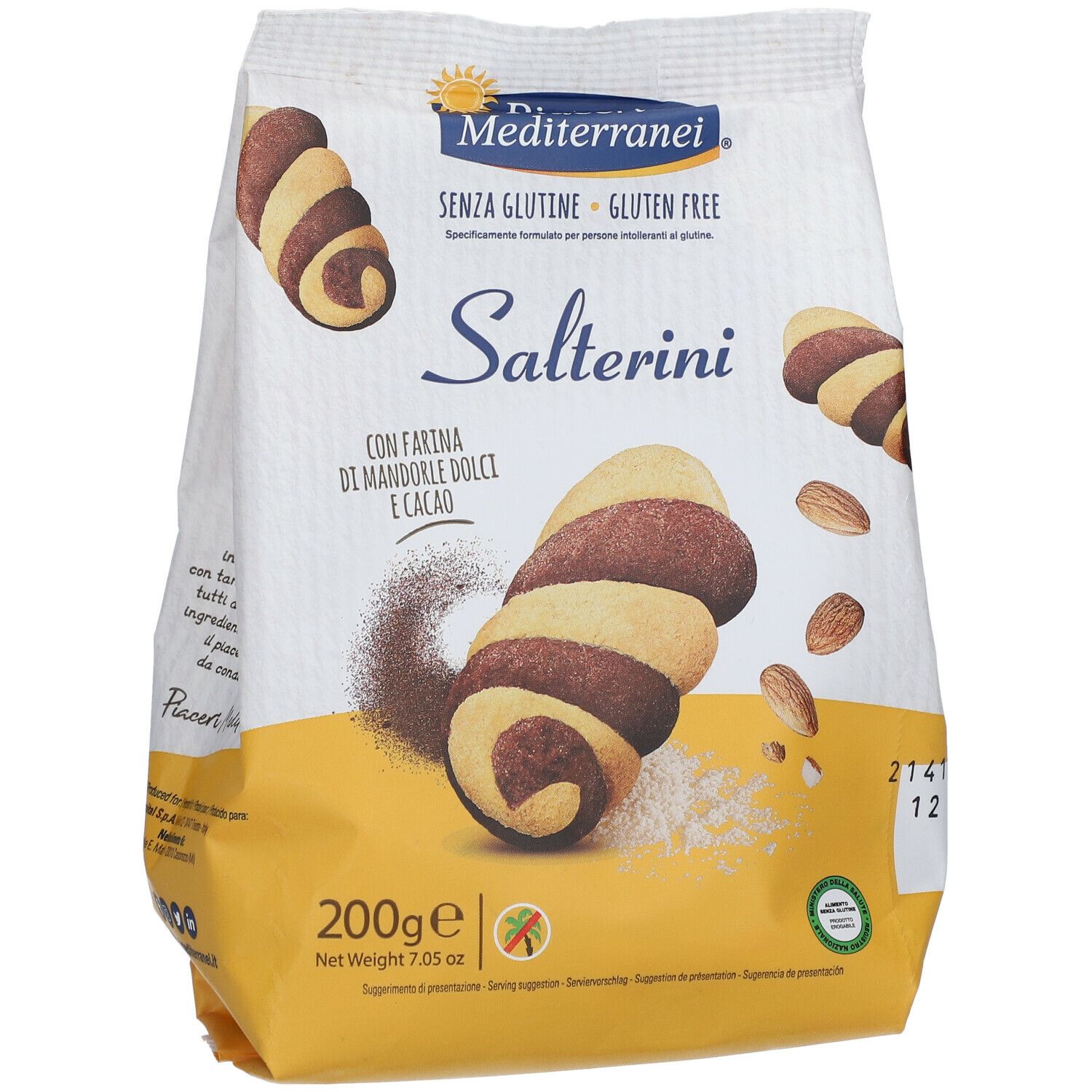 Confezione di Piaceri Mediterranei® Salterini. Senza glutine. Scritto: Salterini, mandorle e cacao. Biscotti e mandorle.