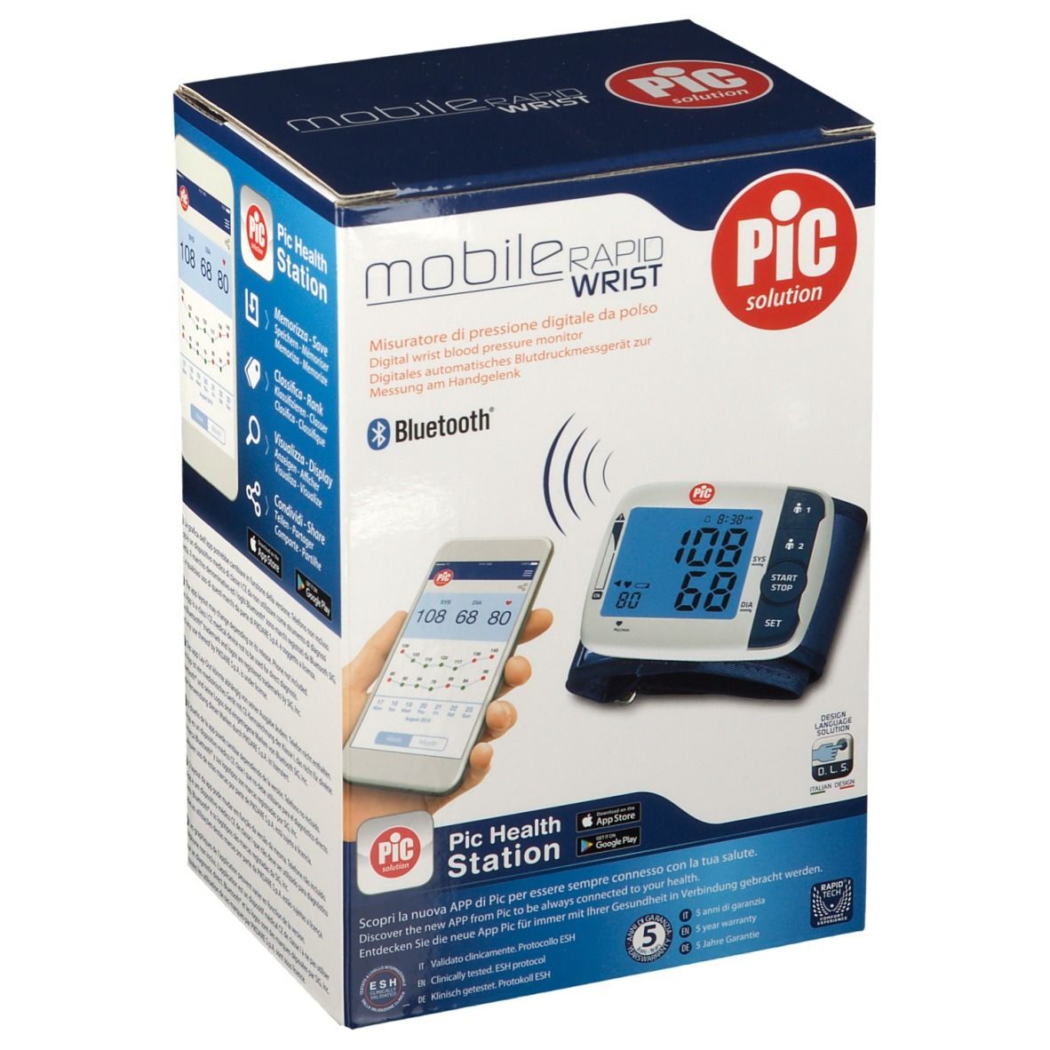 Confezione di PIC Mobile Rapid Wrist. Mostra il prodotto e uno smartphone. Logo Bluetooth. PIC Health Station.