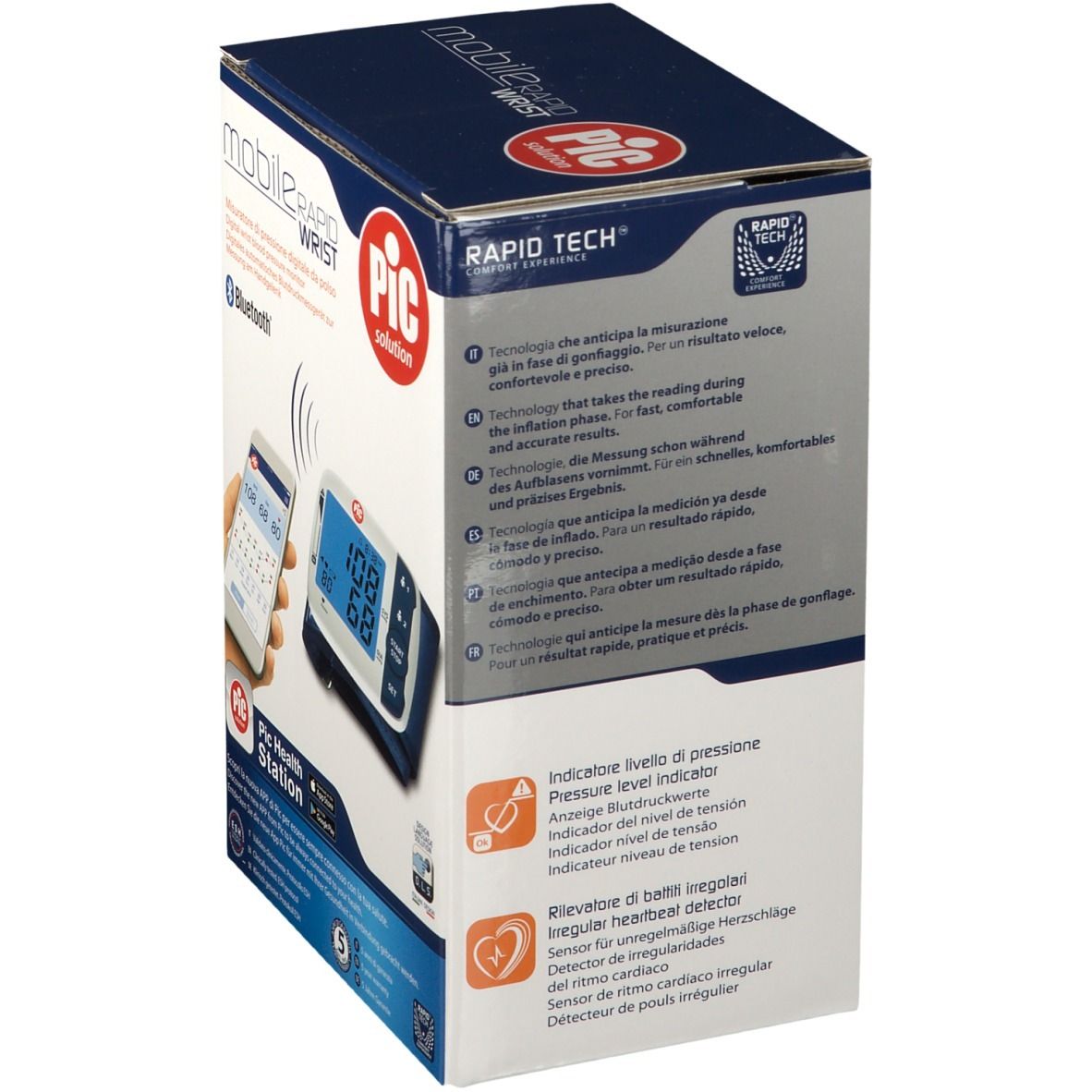 Confezione di PIC Mobile Rapid Wrist. Retro con testo. Logo Rapid Tech. Grafici e icone.