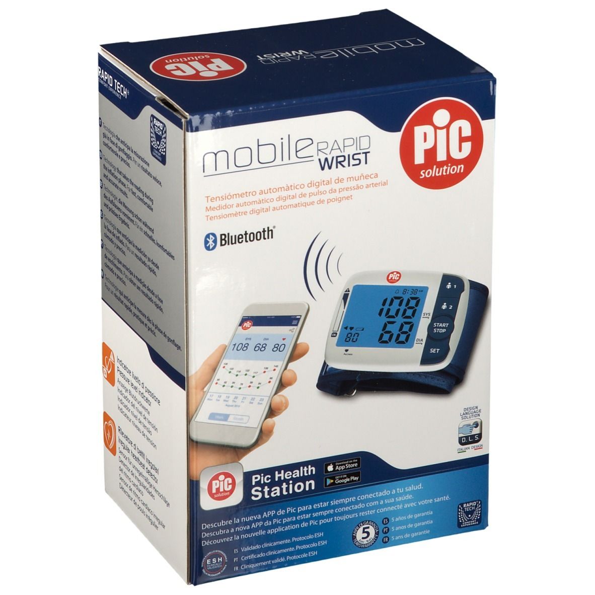 Confezione di PIC Mobile Rapid Wrist. Mostra il prodotto e uno smartphone. Logo Bluetooth. PIC Health Station.