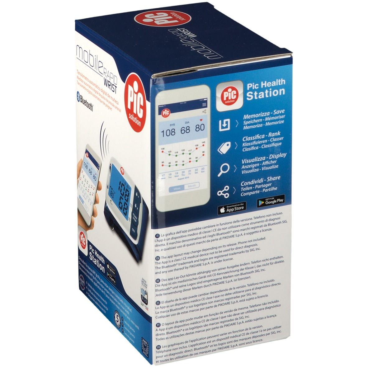 Confezione di PIC Mobile Rapid Wrist. Retro con testo. PIC Health Station. Informazioni sull'app.