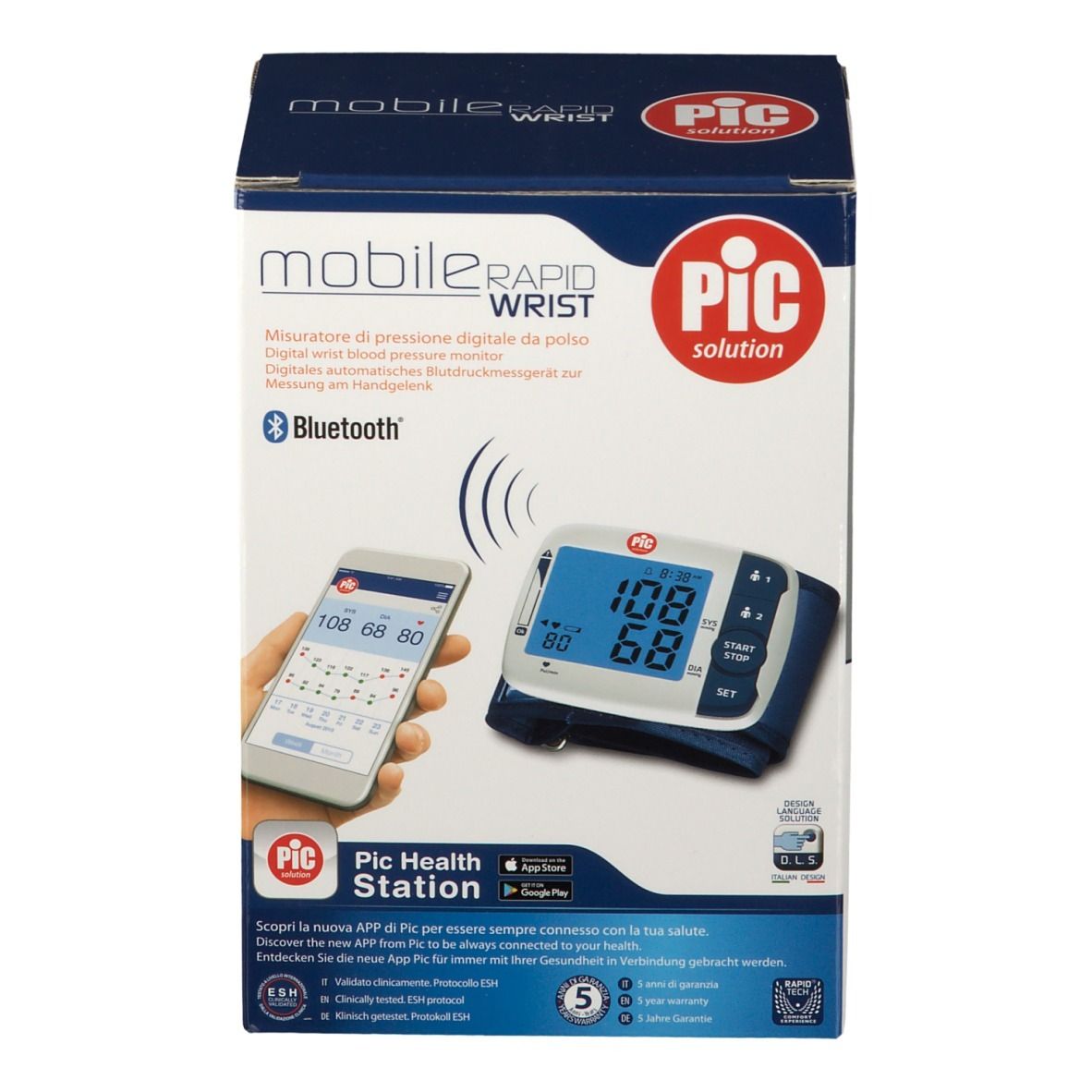 Confezione di PIC Mobile Rapid Wrist. Mostra il prodotto e uno smartphone. Logo Bluetooth. PIC Health Station.