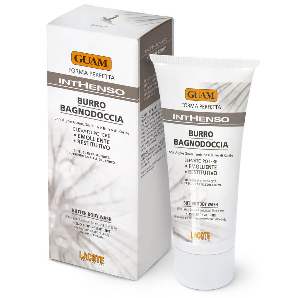 GUAM Inthenso bagnodoccia e confezione. Tubo e scatola con nome del prodotto e ingredienti. Bianco e marrone.