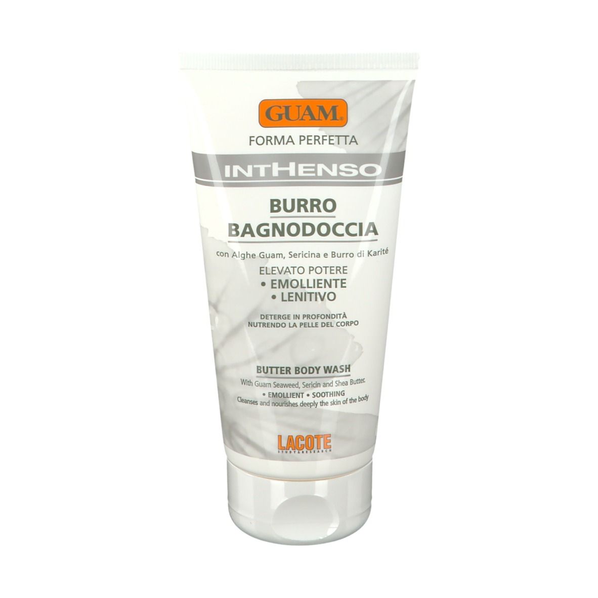 Tubo GUAM Inthenso Burro Bagnodoccia. Tubo bianco con nome del prodotto e ingredienti. Scritta: Burro Bagnodoccia.