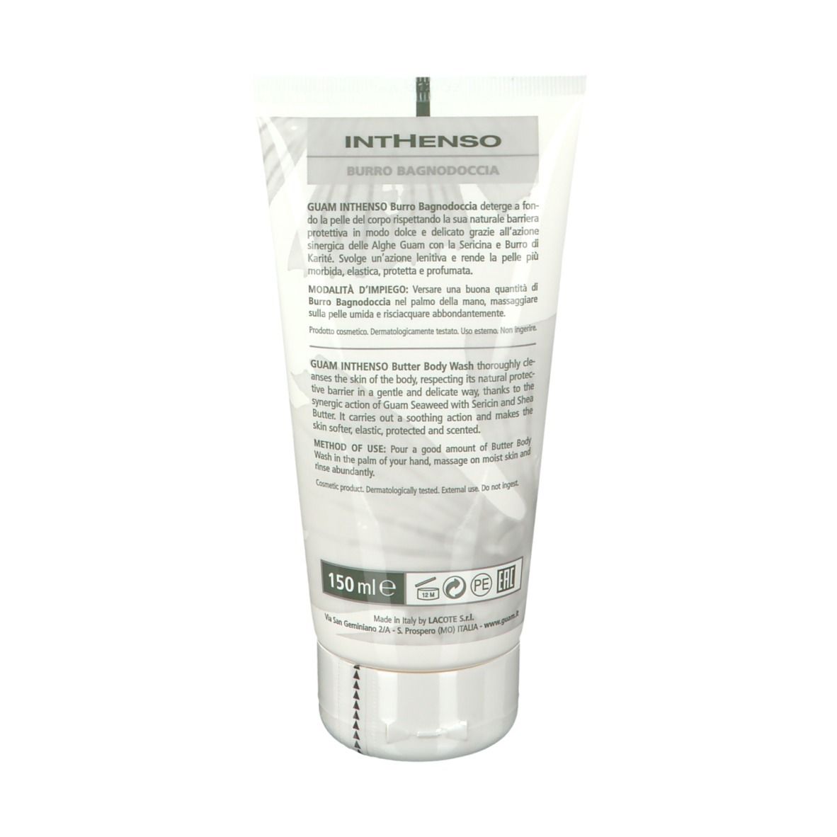 Retro del tubo GUAM Inthenso Burro Bagnodoccia. Testo con ingredienti e utilizzo. 150 ml.