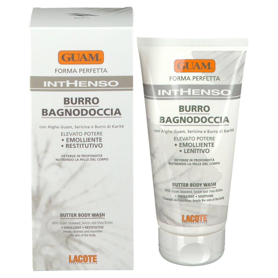 GUAM Inthenso bagnodoccia e confezione. Tubo e scatola con nome del prodotto e ingredienti. Bianco e marrone.