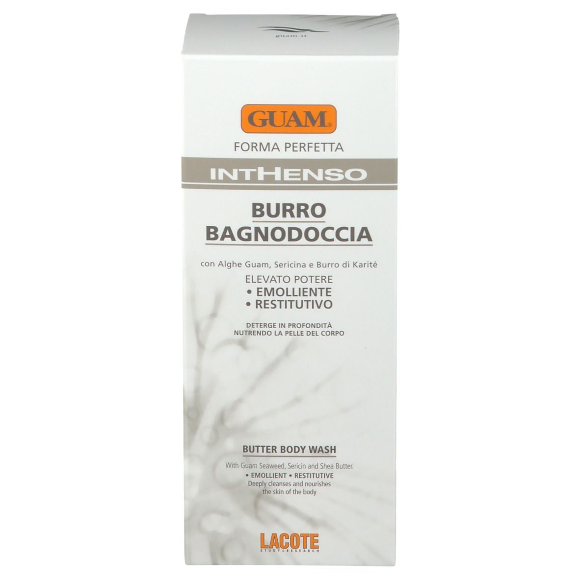Confezione GUAM Inthenso Burro Bagnodoccia. Scatola bianca con nome del prodotto e ingredienti. Marrone e bianco.