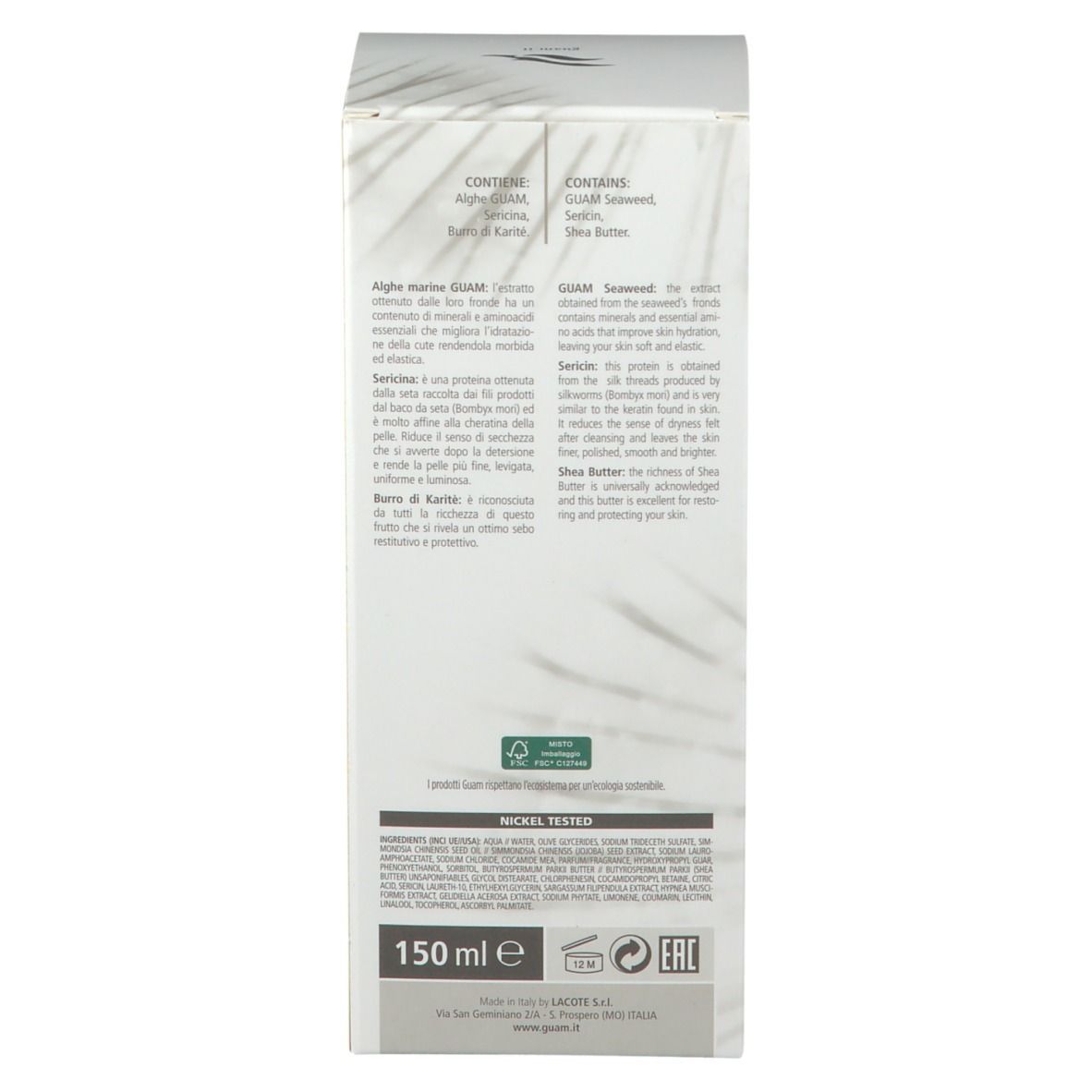 Confezione GUAM Inthenso Burro Bagnodoccia. Testo con ingredienti e certificazioni. Scatola bianca.