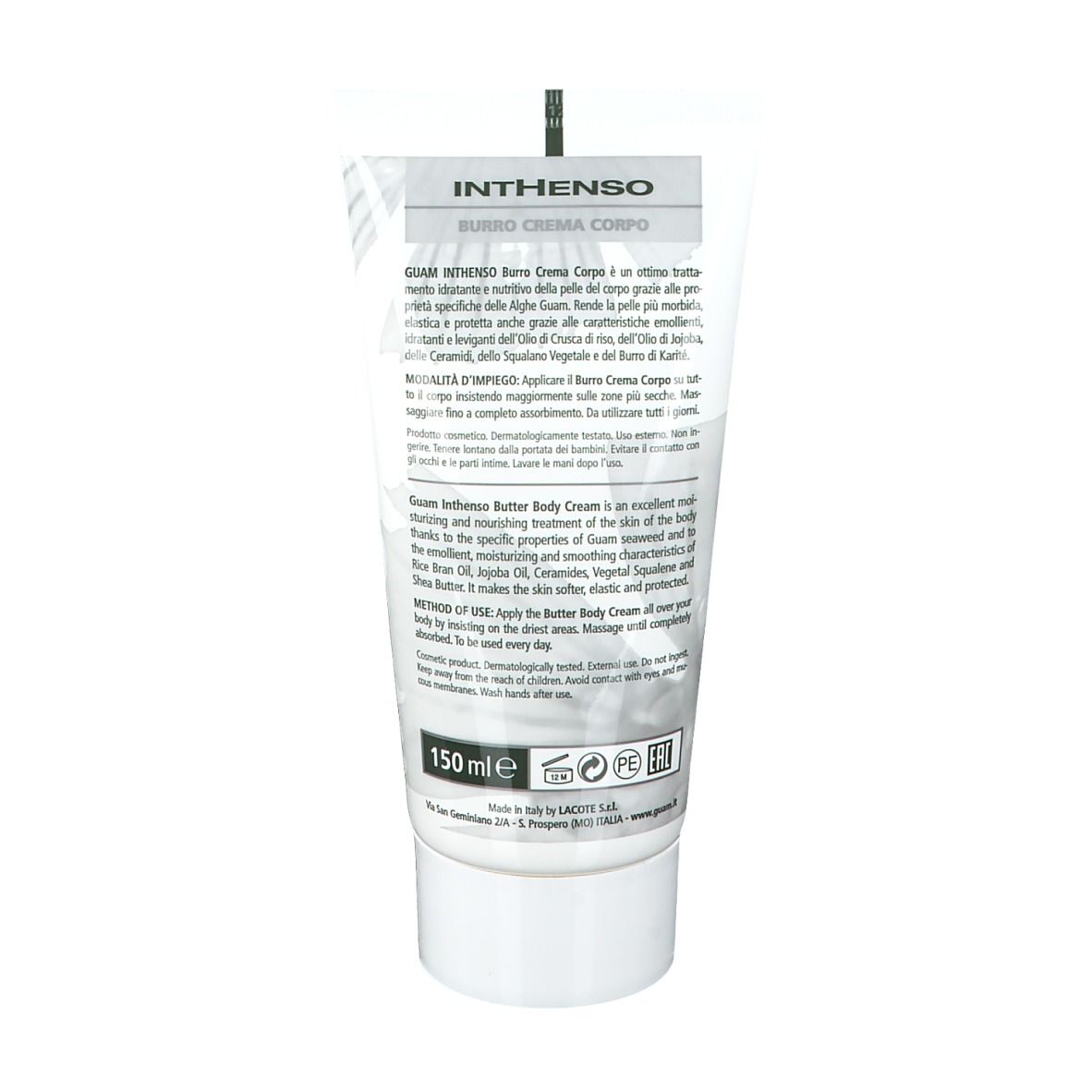 GUAM® Inthenso Burro Crema Corpo. Retro del tubo. Testo e ingredienti.